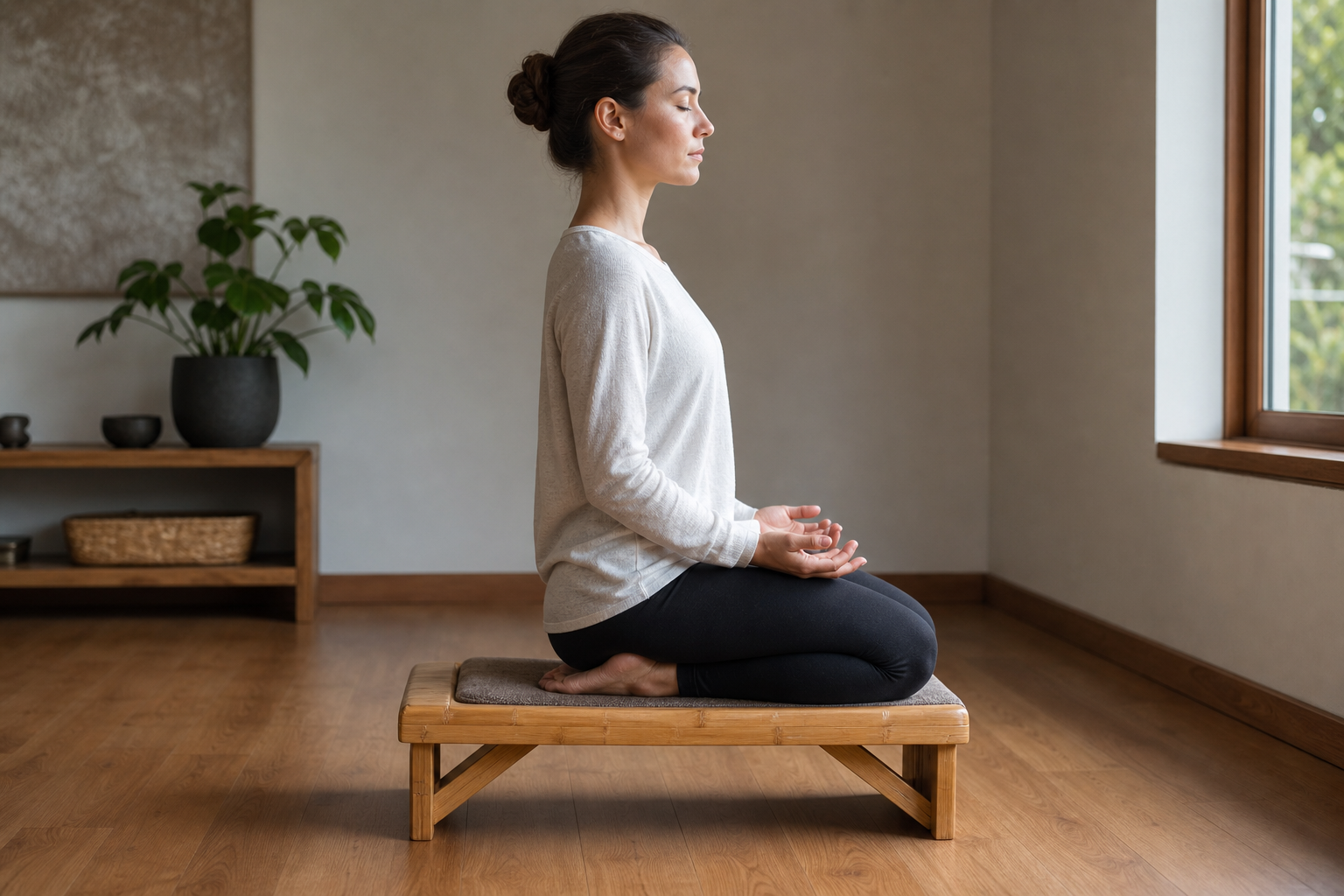 Persoon die in seiza-houding op een bamboe meditatiebankje zit met rechte rug