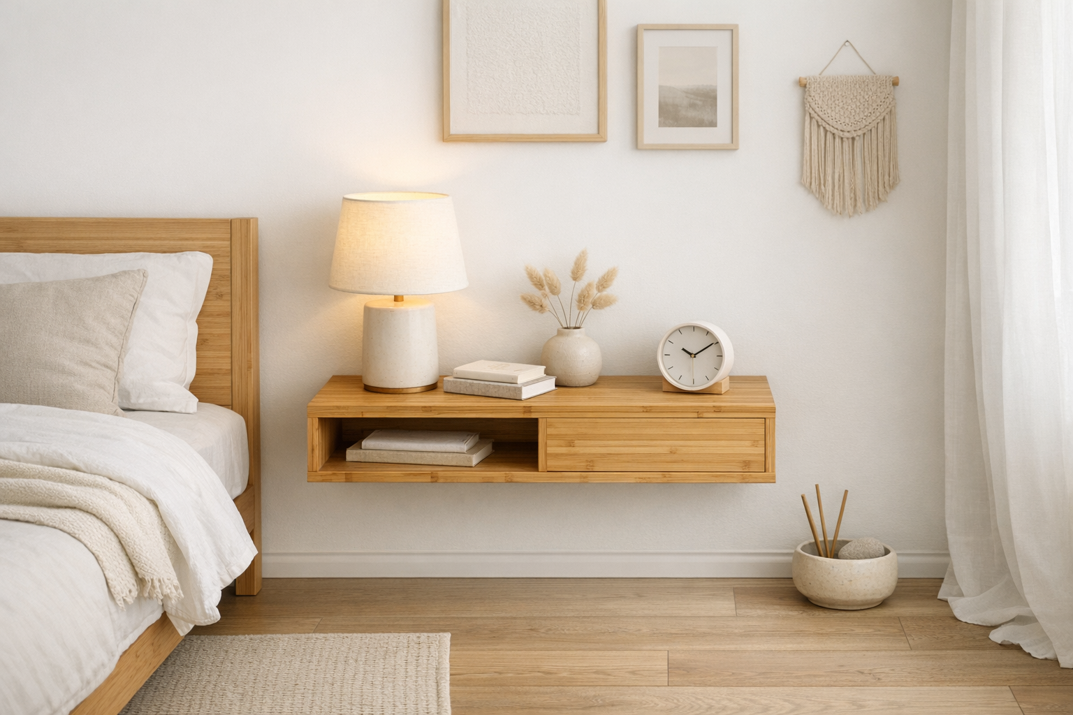 Zwevend nachtkastje van bamboe aan de muur in een lichte slaapkamer