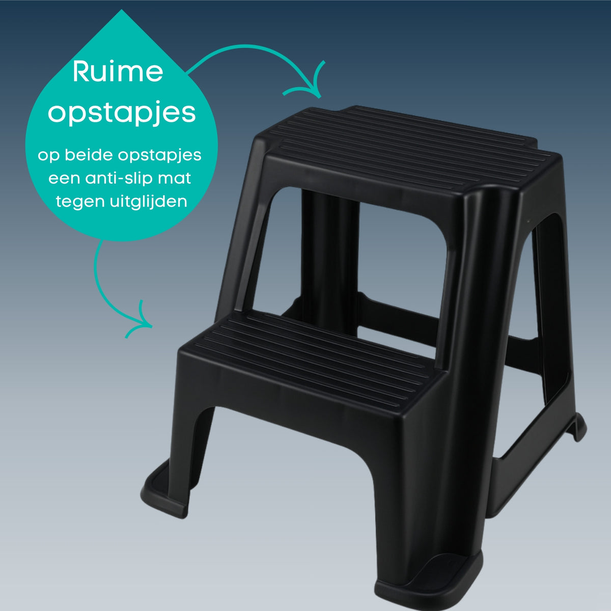Zwart opstapkrukje met twee ruime, antislip opstapjes.