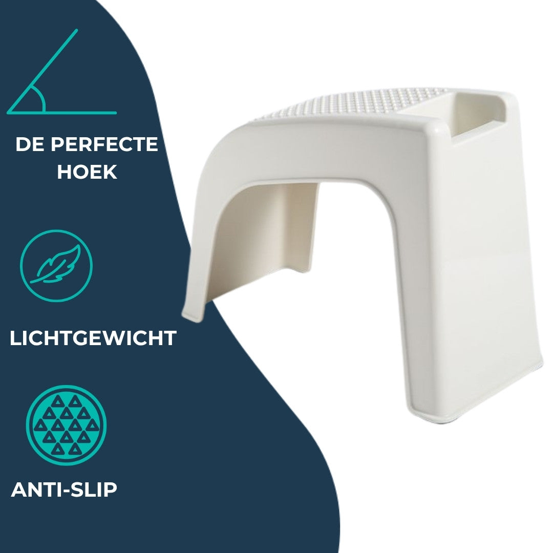 Crèmekleurige voetsteun met antislip noppen: de perfecte hoek, lichtgewicht en antislip.