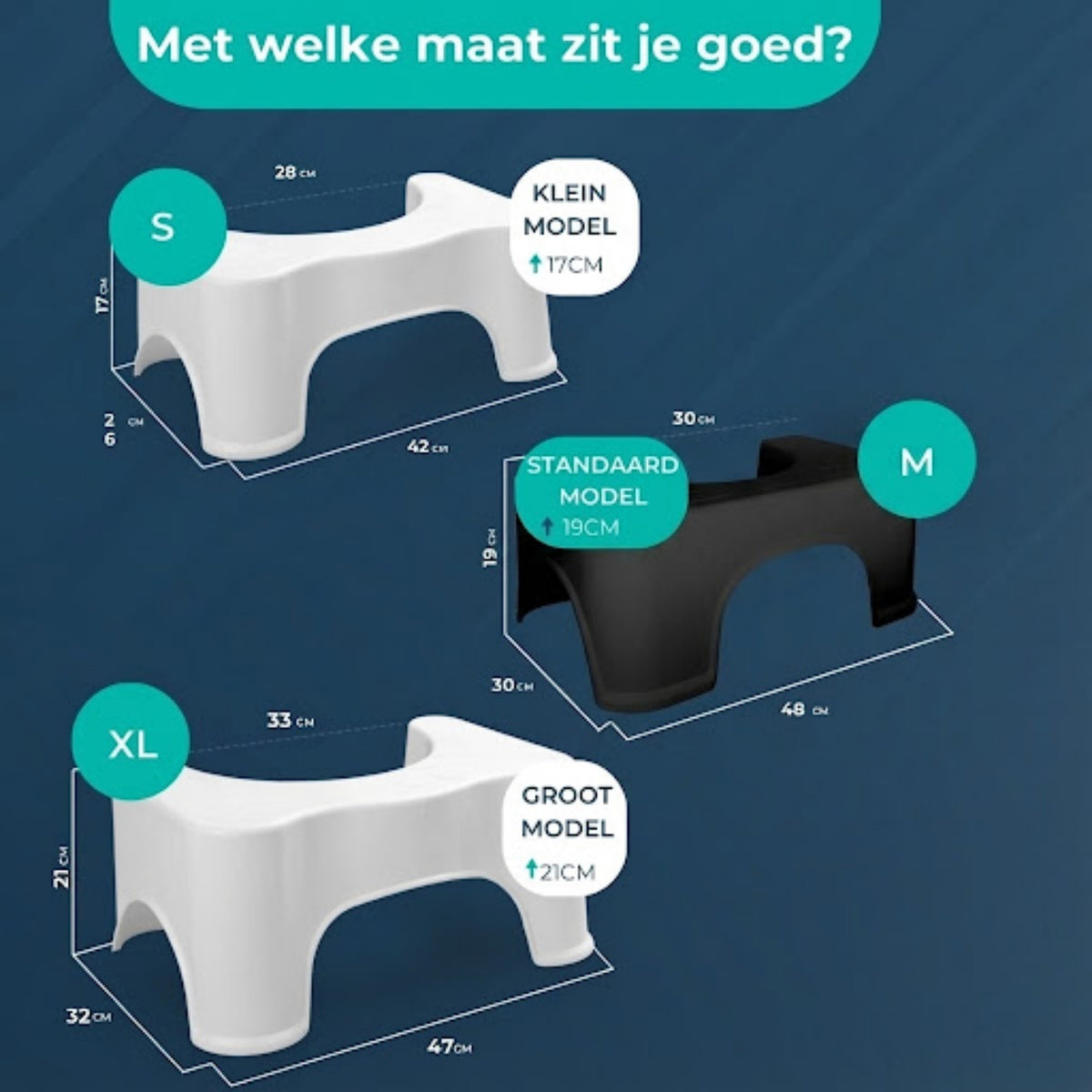 Maatvergelijking van de toiletkrukjes: klein model 17 cm, standaard model 19 cm in zwart en groot model 21 cm.