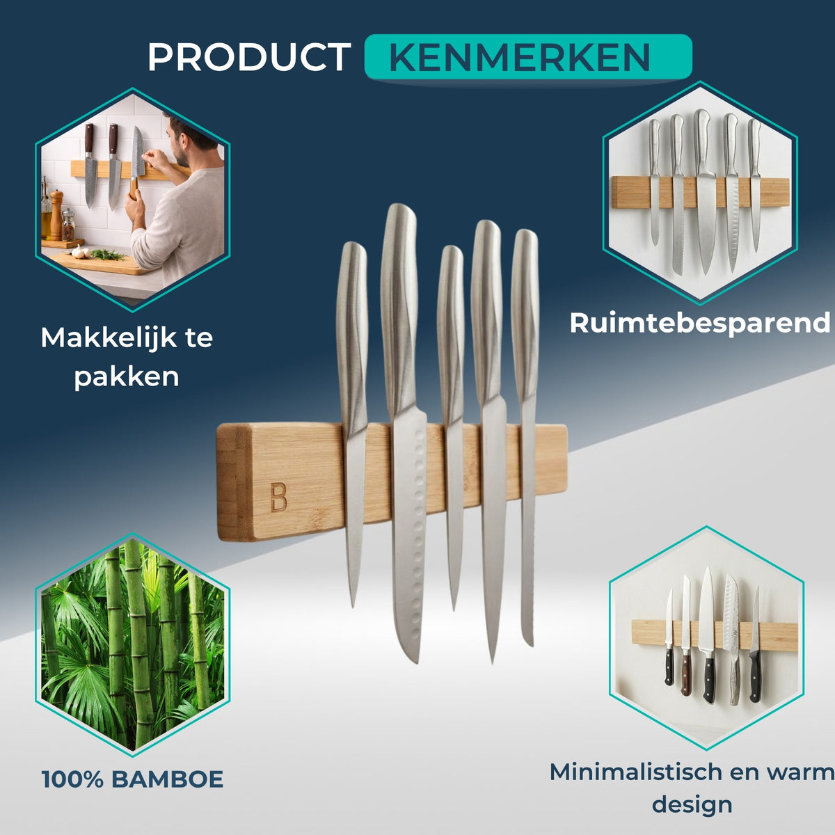 Bamboe messenhouder van 40 cm met een warm, minimalistisch design. Messen hangen met magneet, ruimtebesparend aan de wand.