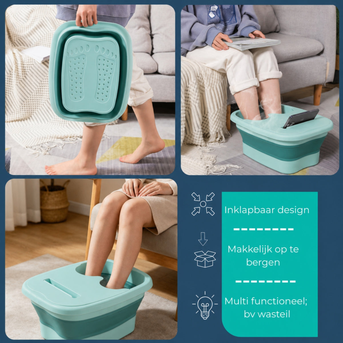 Inklapbaar groen voetenbad met deksel, geschikt voor gebruik in huis, met print van voetzolen en eenvoudig te verplaatsen.