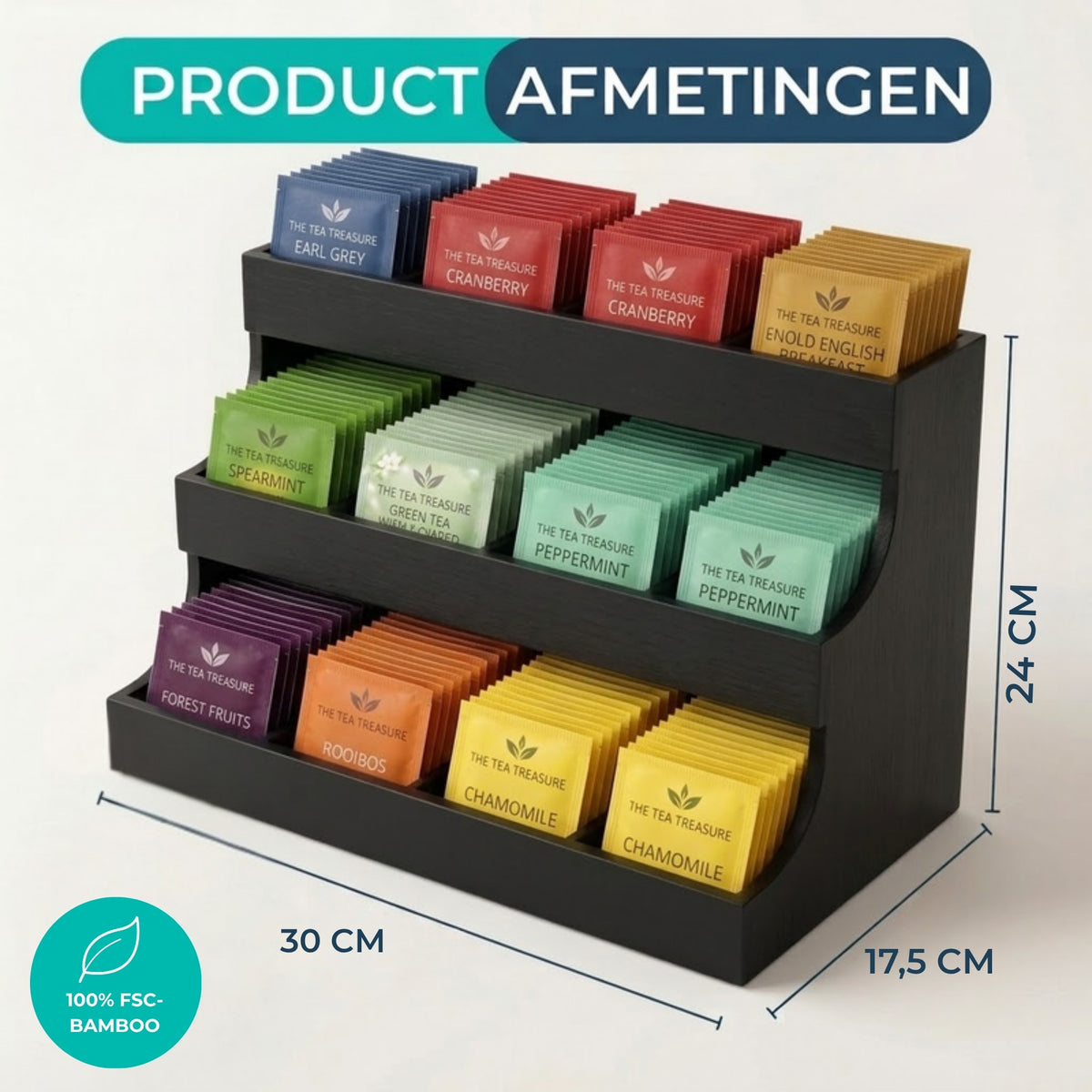 Afmetingen van de zwarte bamboe thee organizer met 12 vakken: 30 cm breed, 17,5 cm diep en 24 cm hoog, 100% FSC-bamboe.