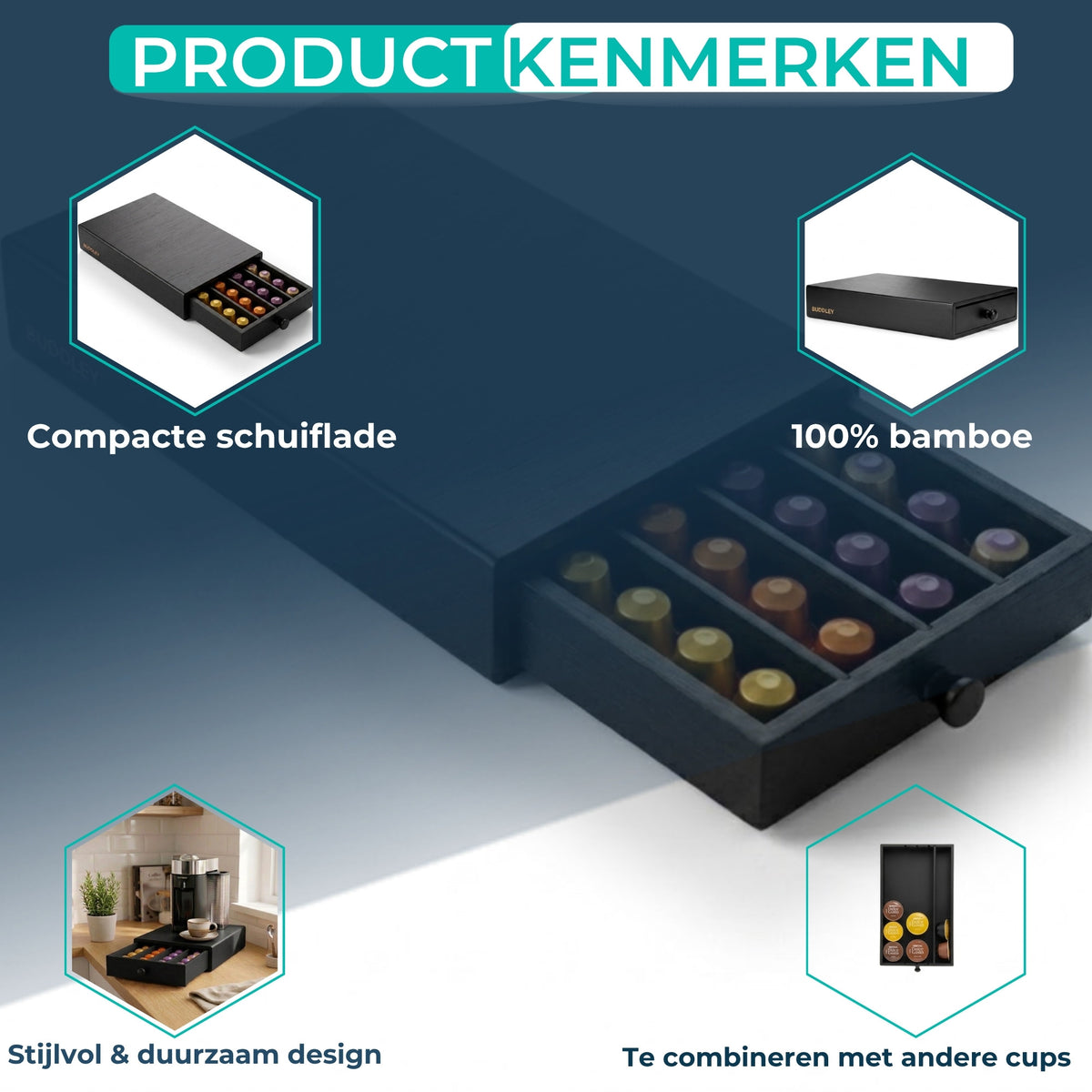 Productkenmerken van de zwarte bamboe capsulehouder: compacte schuiflade, 100% bamboe, stijlvol en duurzaam design.
