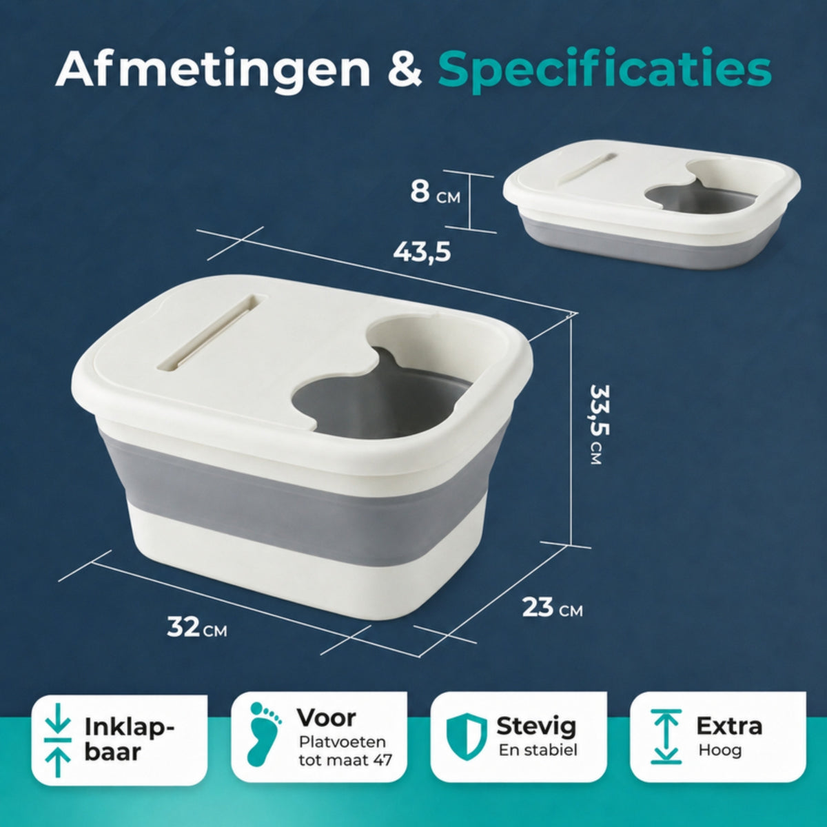 Afmetingen van het witte inklapbare voetenbad met deksel: 43,5 x 32 x 33,5 cm, ingeklapt 8 cm hoog, geschikt voor platvoeten tot maat 47.