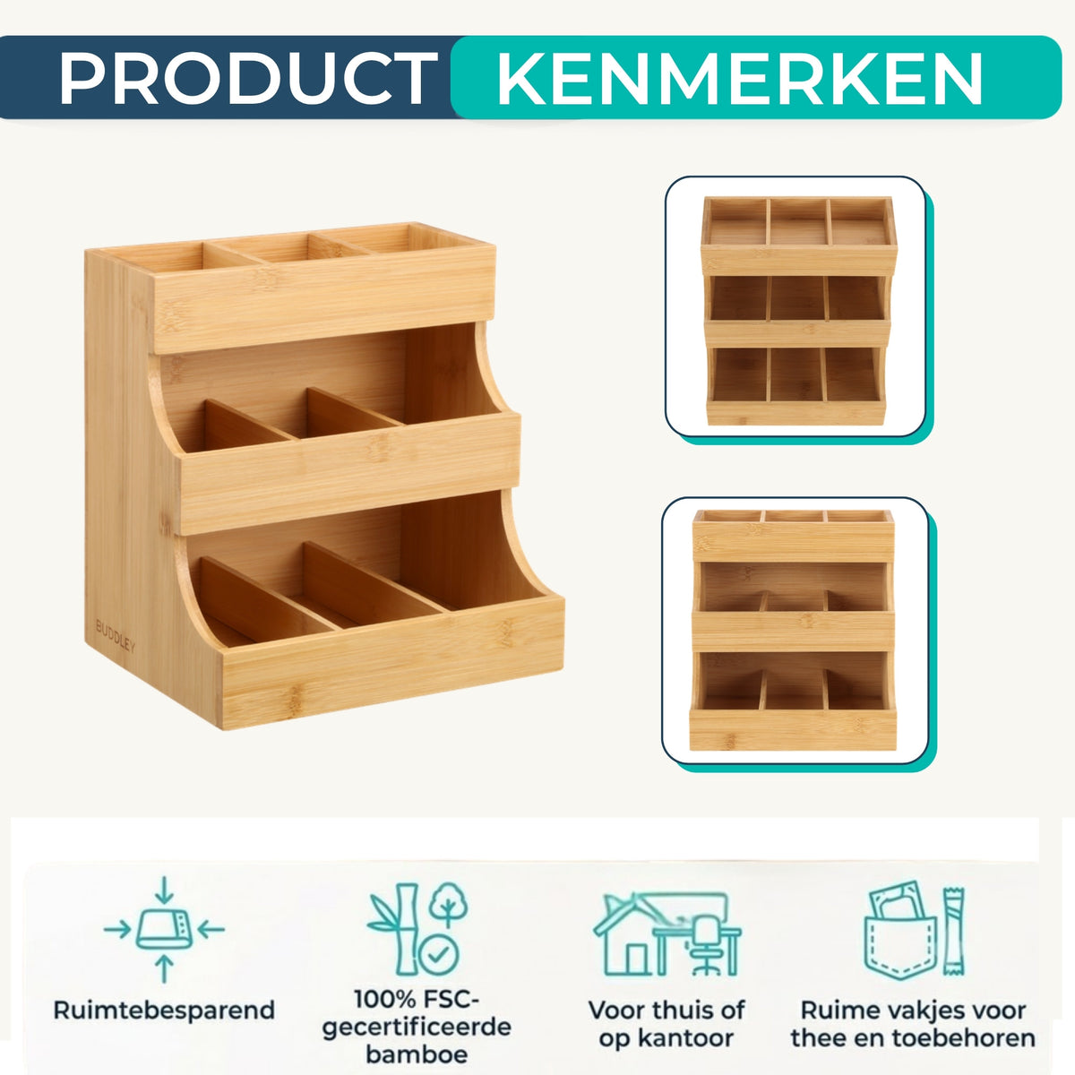 Productkenmerken van de naturel bamboe theedoos: ruimtebesparend, 100% FSC-gecertificeerde bamboe, voor thuis of op kantoor.