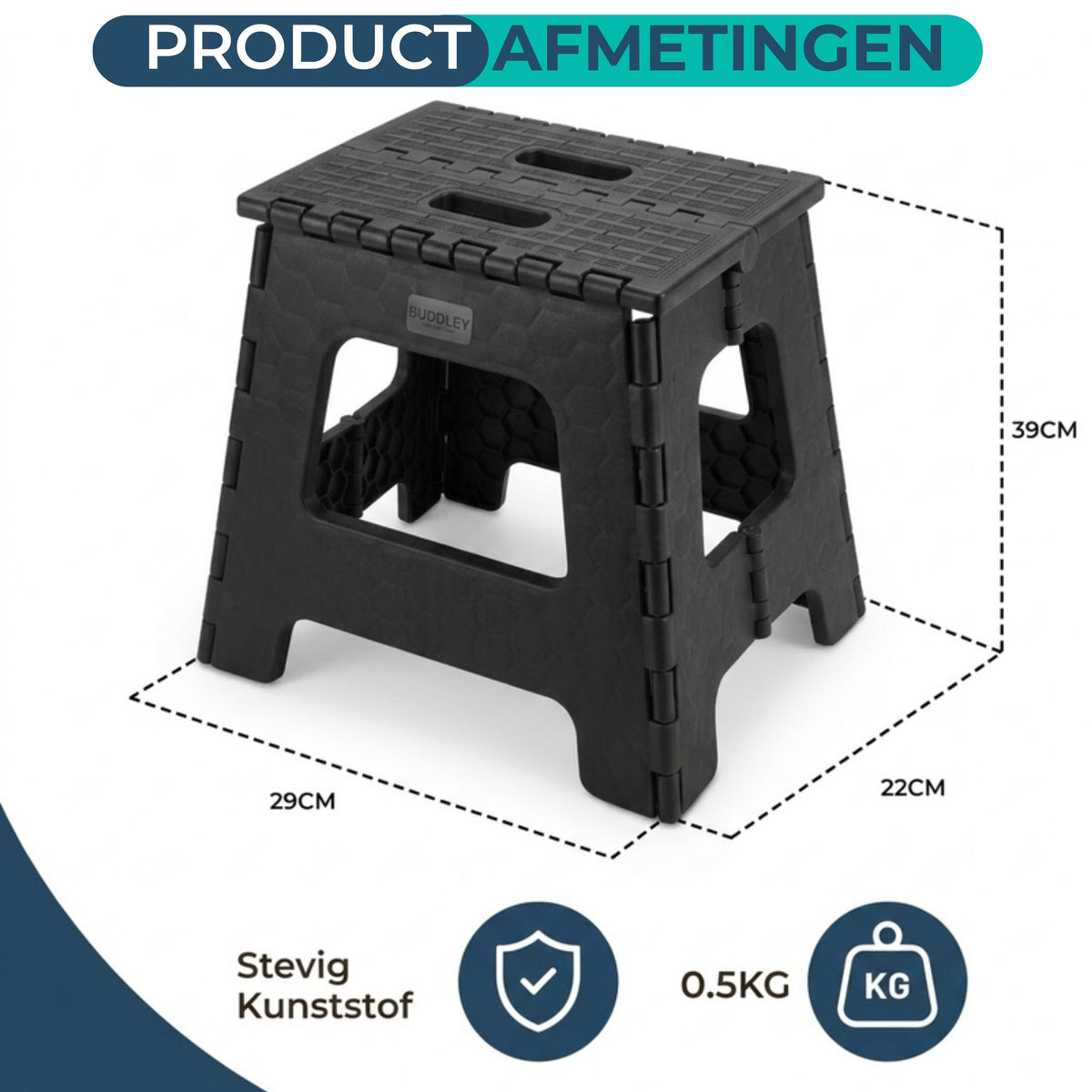 Afmetingen van het zwarte XXL inklapbare opstapje: 29 x 22 x 39 cm, gewicht 0,5 kg, stevig kunststof.