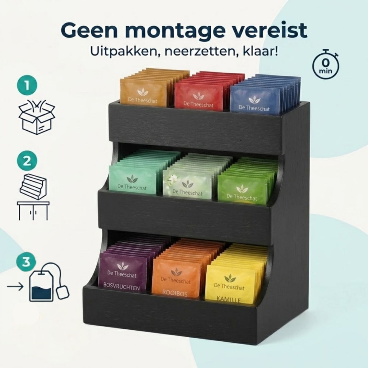 Zwarte theedoos met 9 vakken: geen montage vereist, uitpakken, neerzetten en klaar.