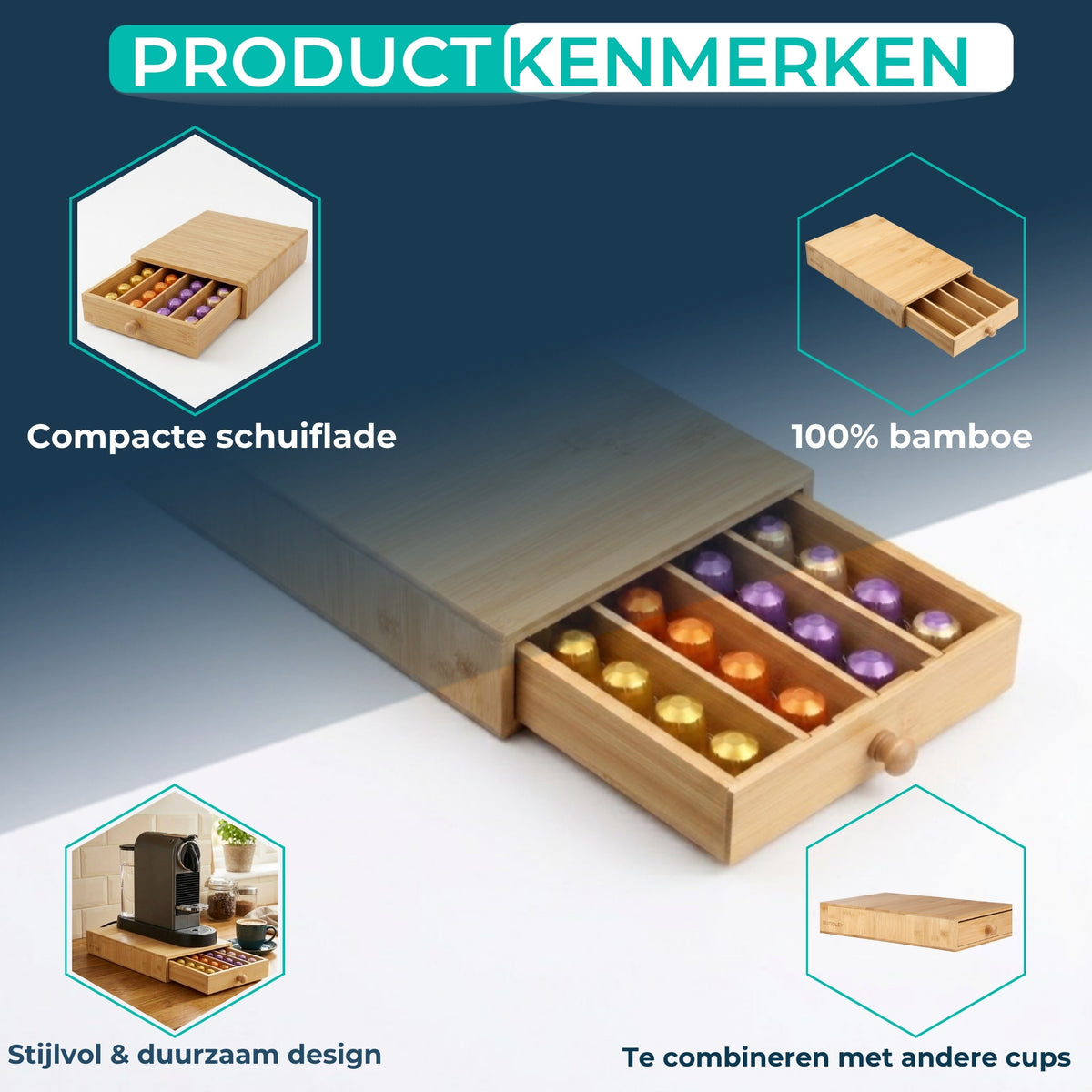 Productkenmerken van de bamboe capsulehouder: compacte schuiflade, 100% bamboe en stijlvol, duurzaam design.