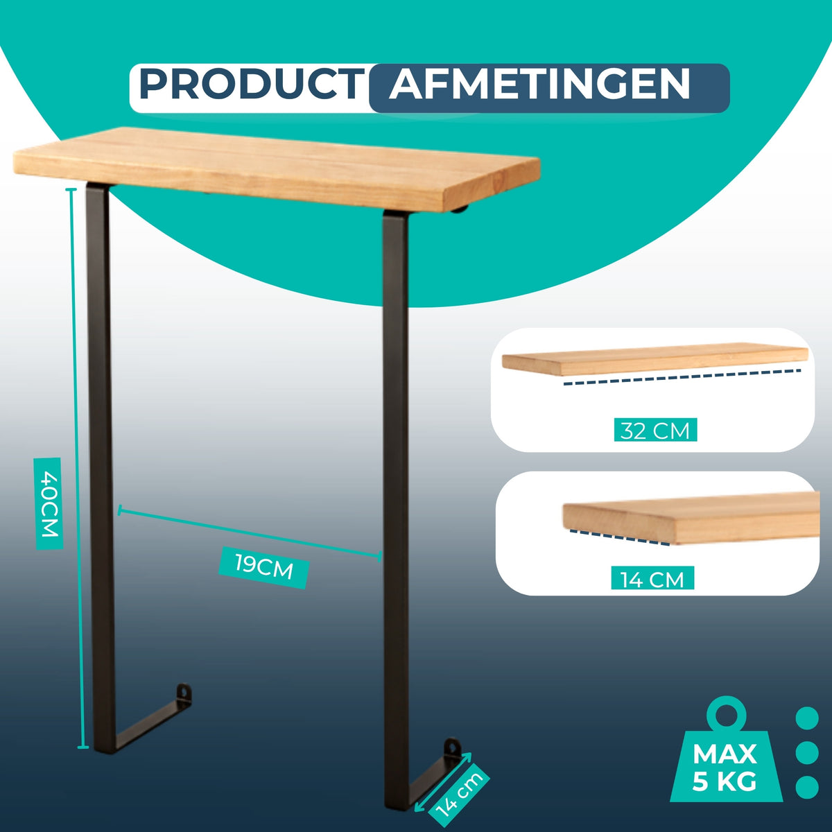 Afmetingen van de bamboe planchet met handdoekhouder: 40 cm hoog, 19 cm breed, 14 cm diep, draagt maximaal 5 kg.