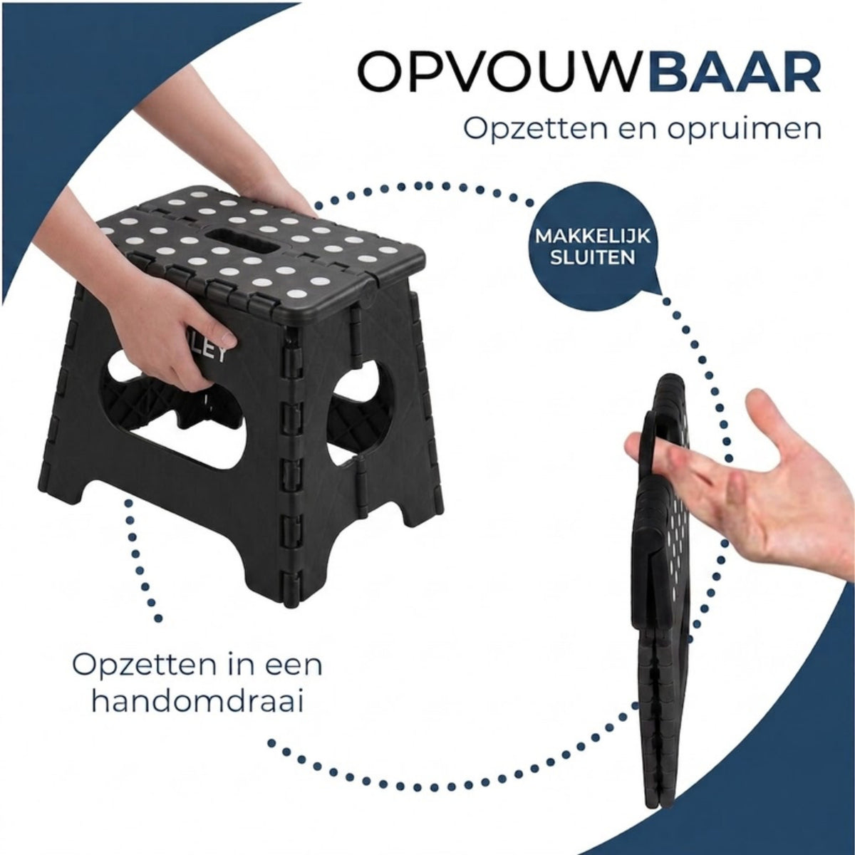Zwart opvouwbaar opstapje dat in een handomdraai wordt opgezet en opgeruimd.
