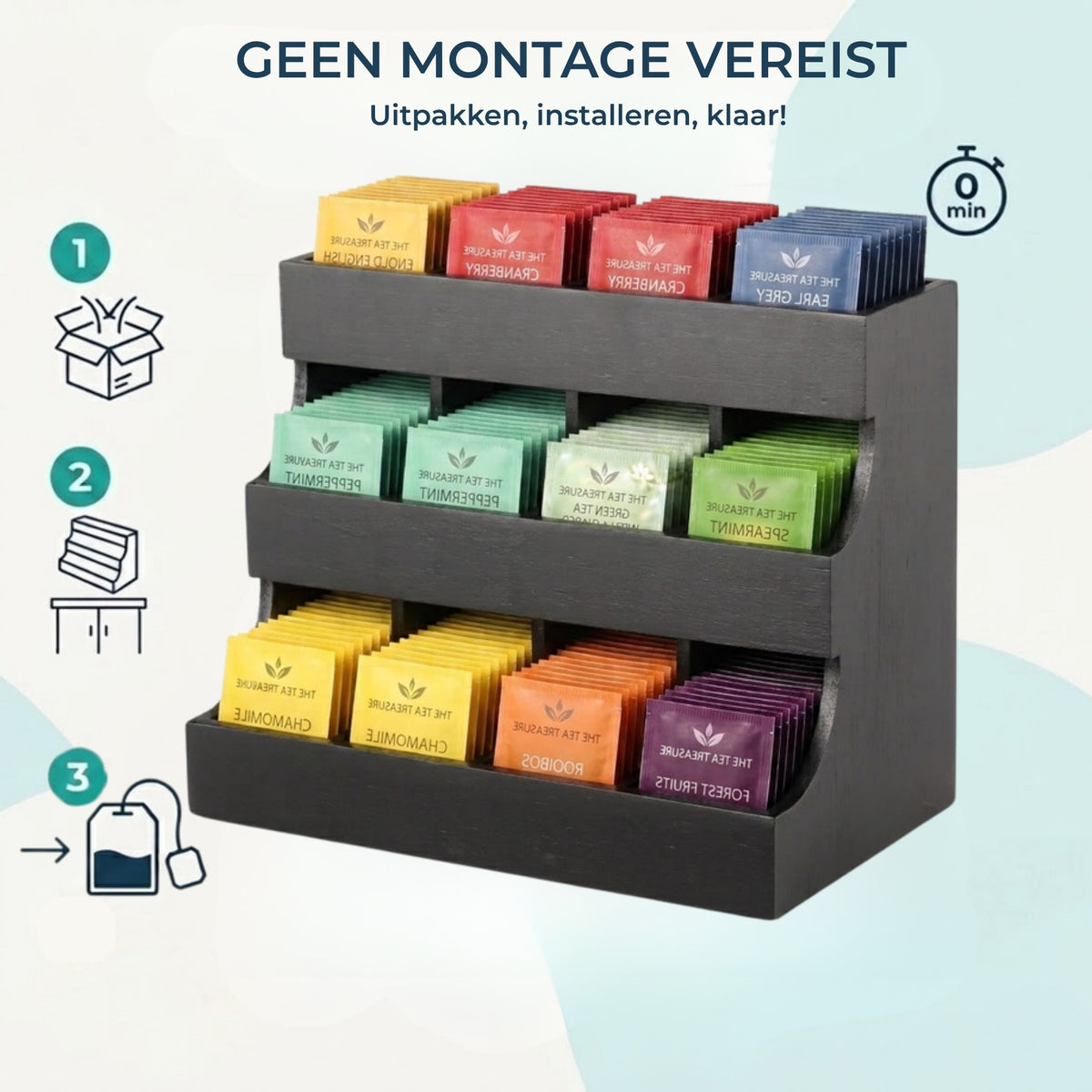 Zwarte thee organizer met 12 vakken: geen montage vereist, uitpakken, installeren en klaar.