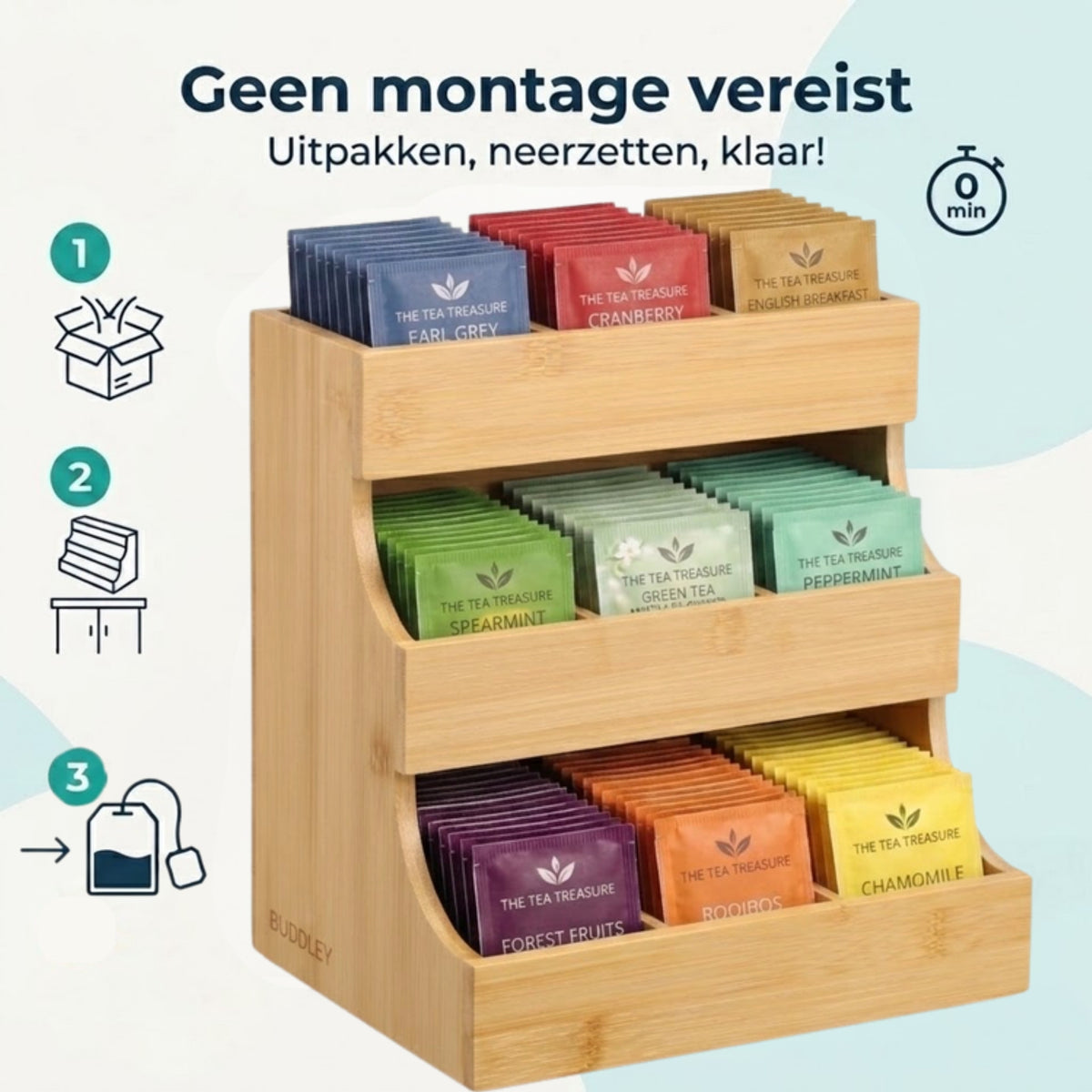 Naturel bamboe theedoos met 9 vakken: geen montage vereist, uitpakken, neerzetten en klaar.
