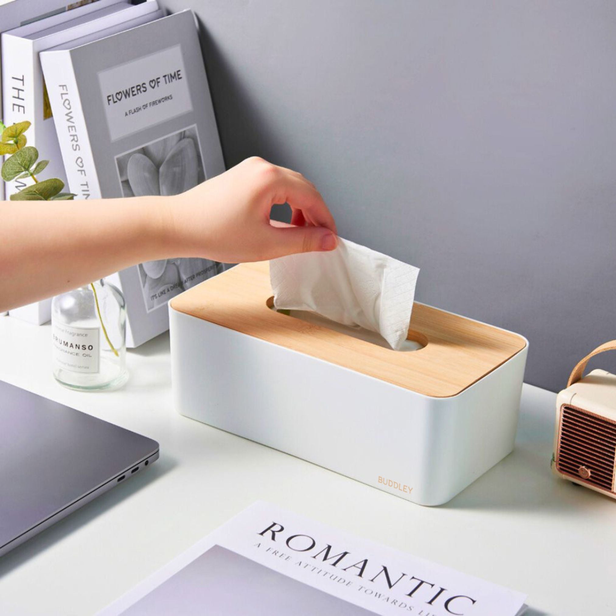 Witte Tissuedoos | Bamboe Deksel