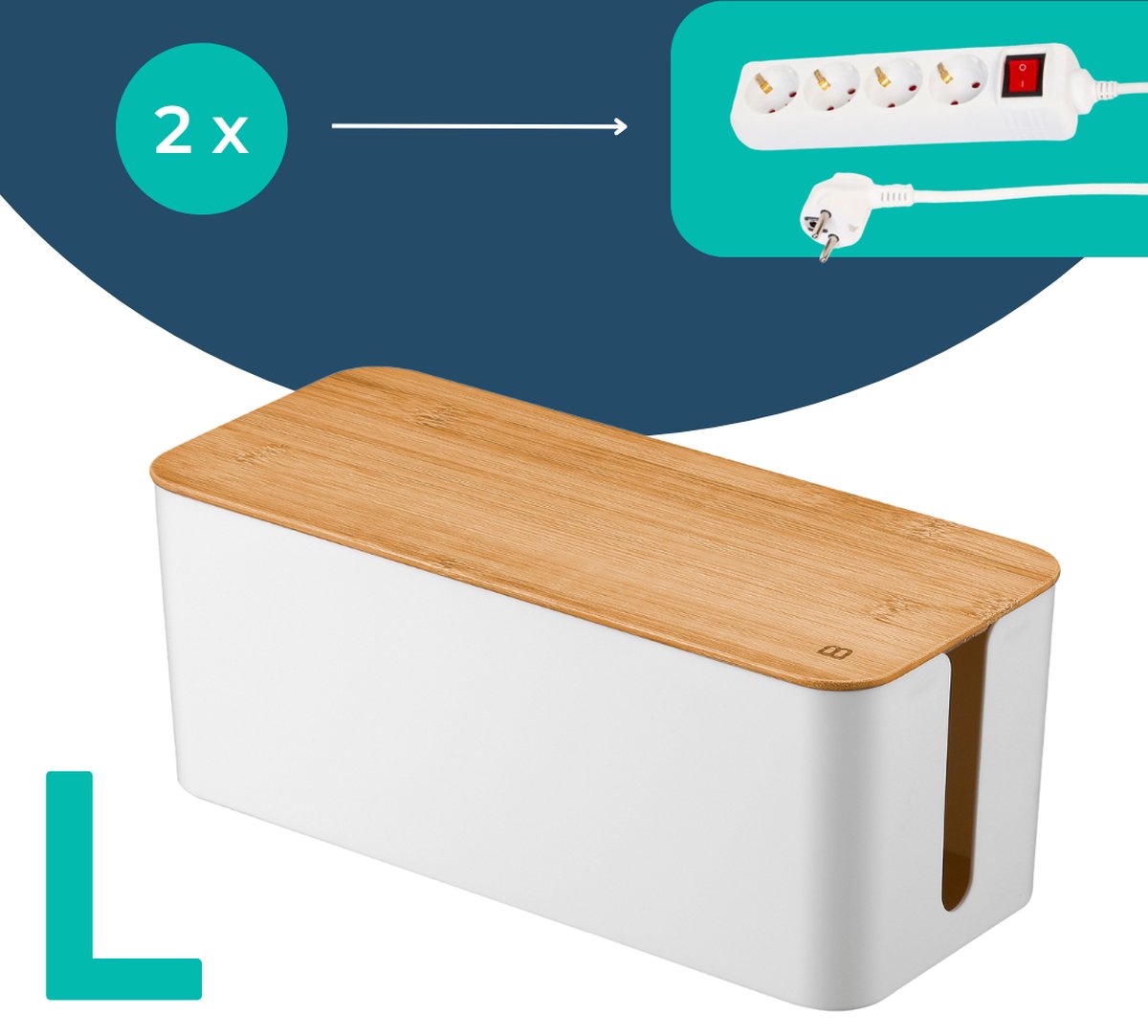 Kabelbox Wit met Bamboe cover | SET twee stuks | M en L