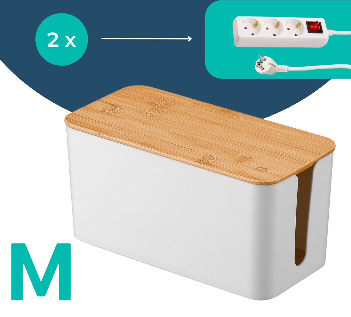 Kabelbox Wit met Bamboe cover | SET twee stuks | M en L