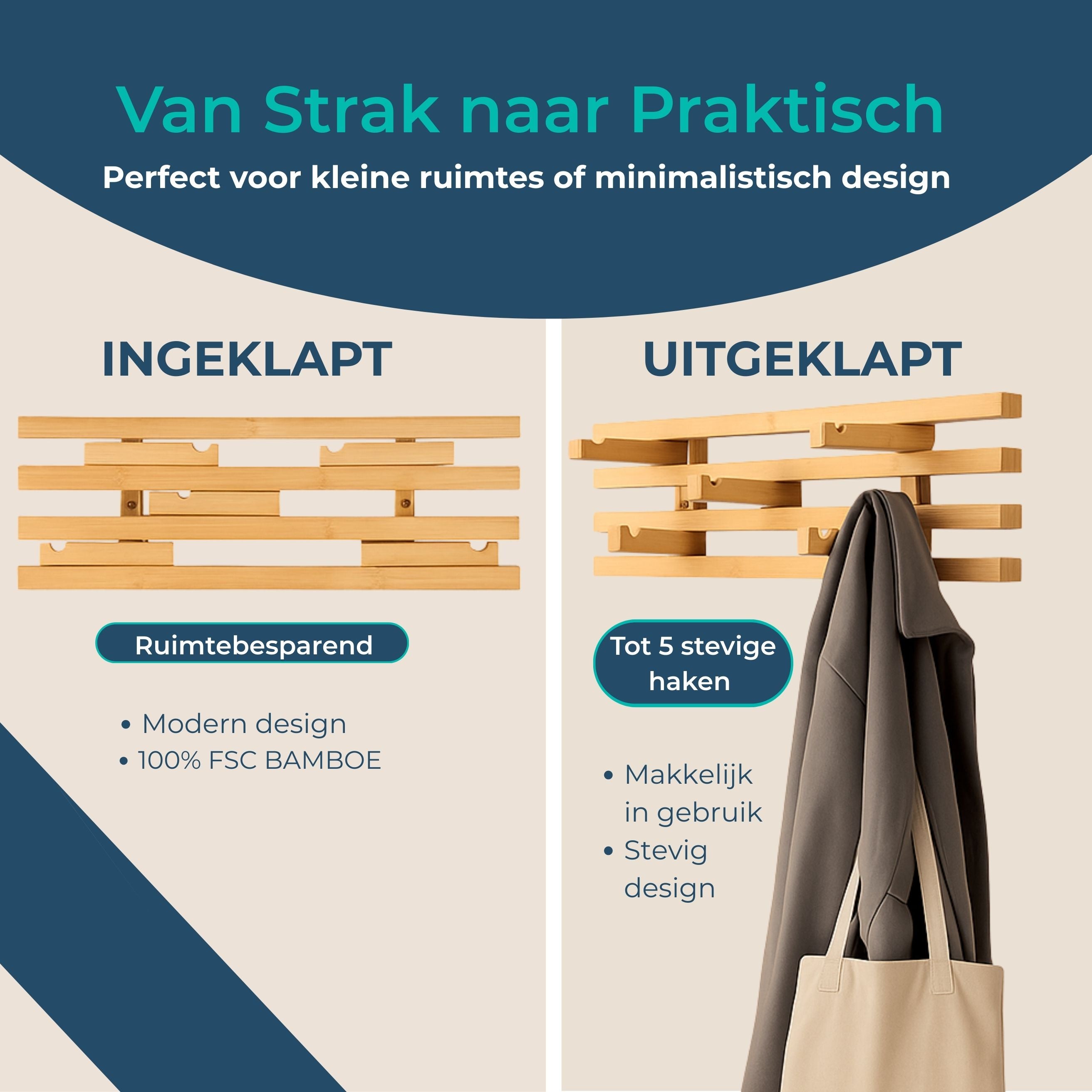 Bamboe Kapstok - Inklapbare haakjes - Wandkapstok - Hangend