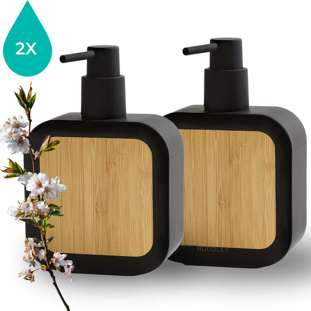 Zeepdispenser - SET (2x) -Stijlvol en modern - Bamboe en zwart