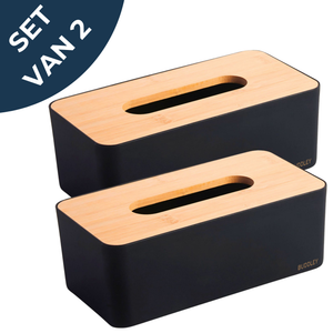 Set van twee zwarte tissueboxen met een bamboe deksel en een minimalistisch ontwerp. Geschikt voor standaard tissues.