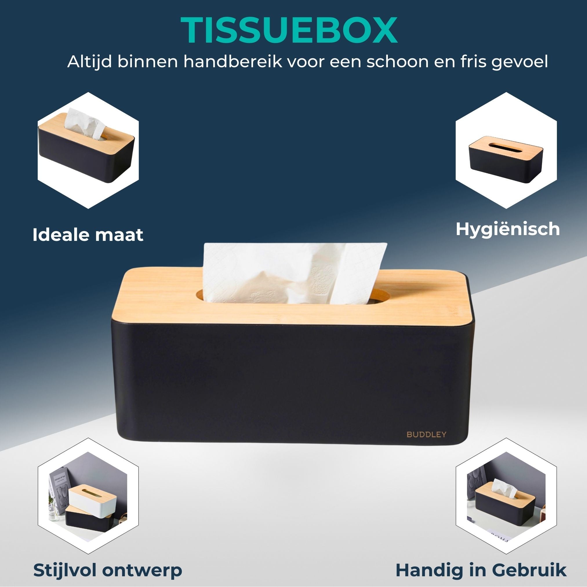 Zwarte Tissuedoos | Bamboe Deksel