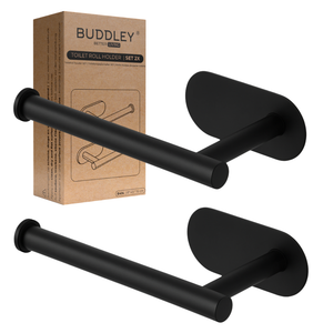 Zwarte zelfklevende aluminium toiletrolhouder set 2 matzwarte afwerking met plakbevestiging voor gladde wanden