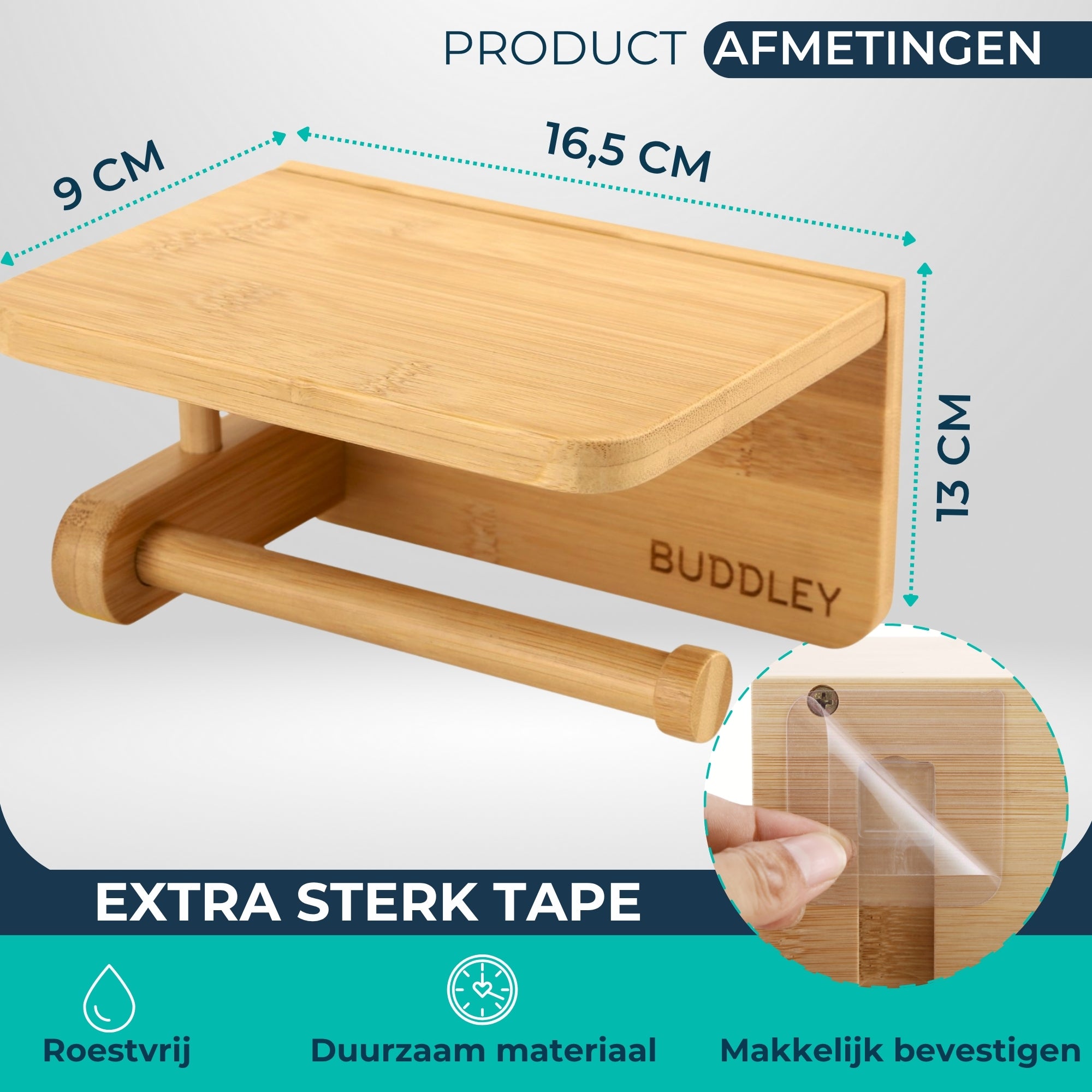 Toiletrolhouder Bamboe - Zonder boren - Met plankje - WC rolhouder
