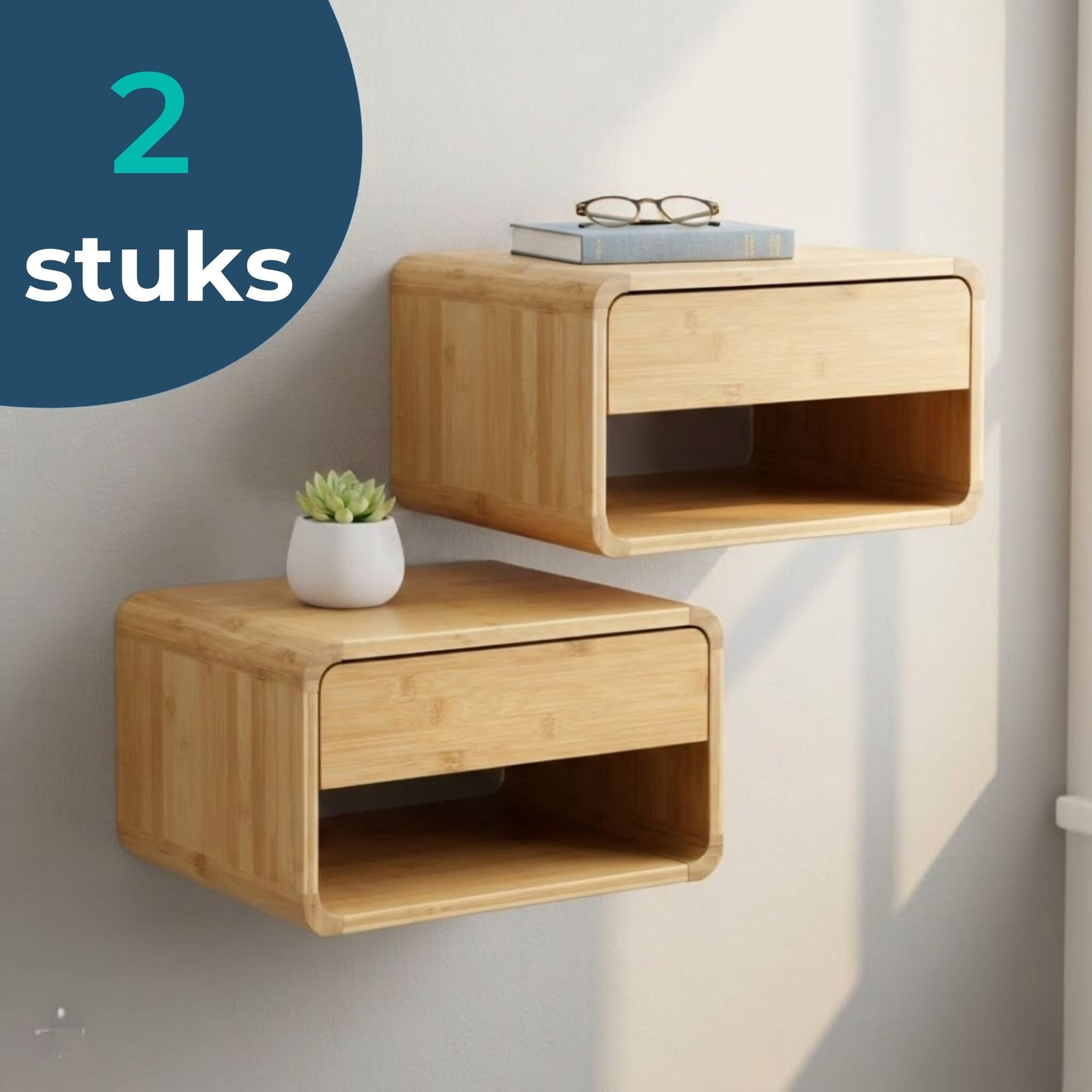 Bamboe Nachtkastjes set van 2 - Nachtkastje - Zwevend - Wand Nachtkastje met Lade