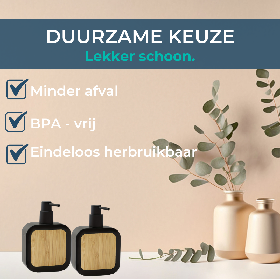 Zeepdispenser - SET (2x) -Stijlvol en modern - Bamboe en zwart