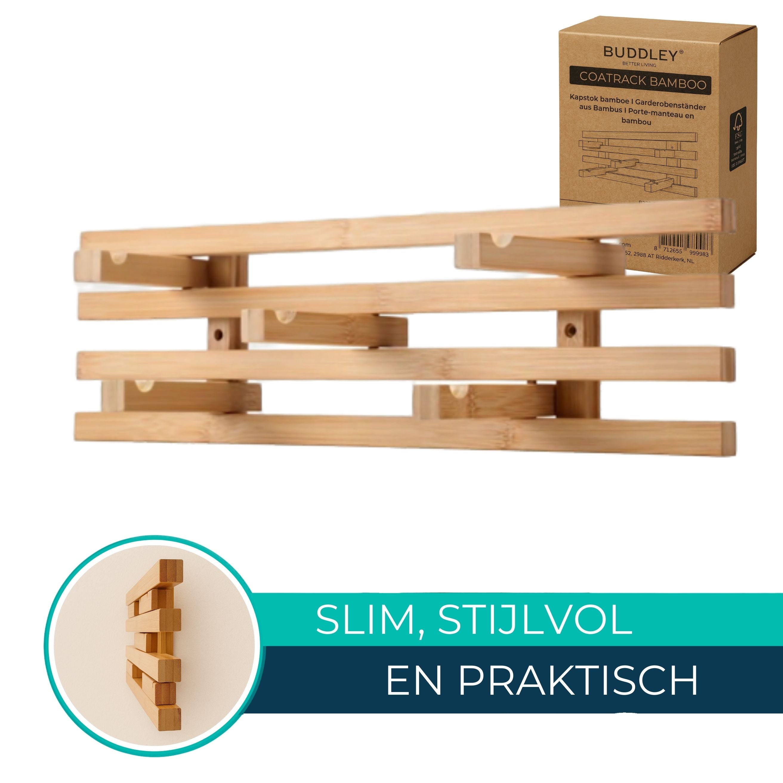 Bamboe Kapstok - Inklapbare haakjes - Wandkapstok - Hangend