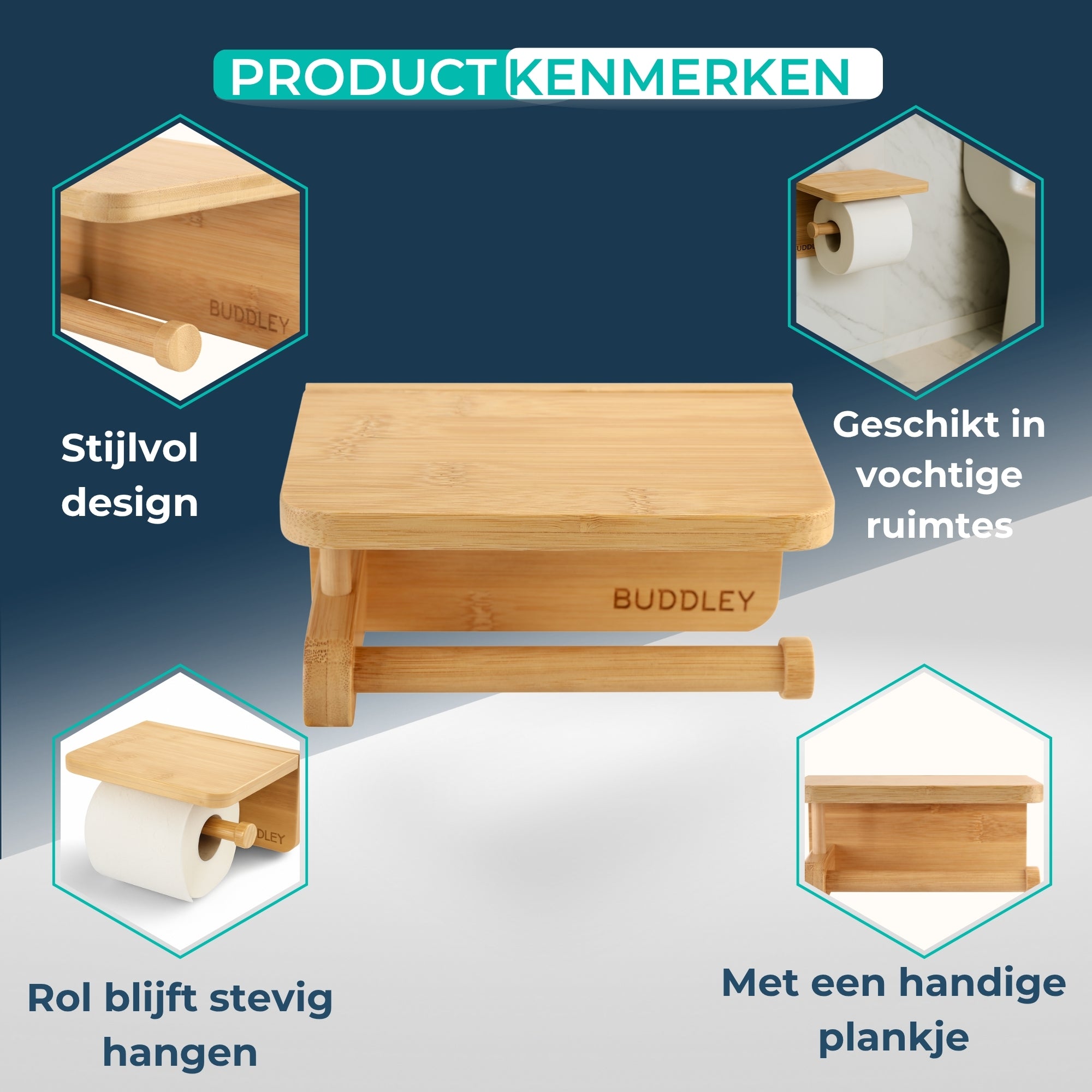 Toiletrolhouder Bamboe - Zonder boren - Met plankje - WC rolhouder
