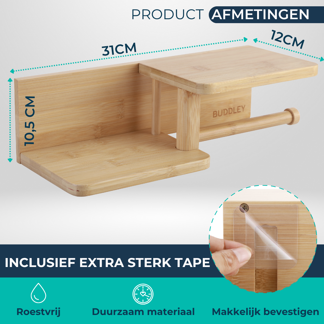 Toiletrolhouder Bamboe - Zonder boren - Zelfklevend - Met plankje