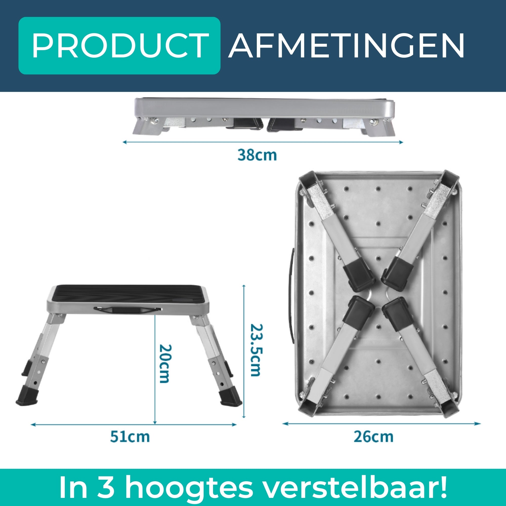Opstapje Inklapbaar Staal - Verstelbaar in 3 hoogtes - Opstapkrukje metaal