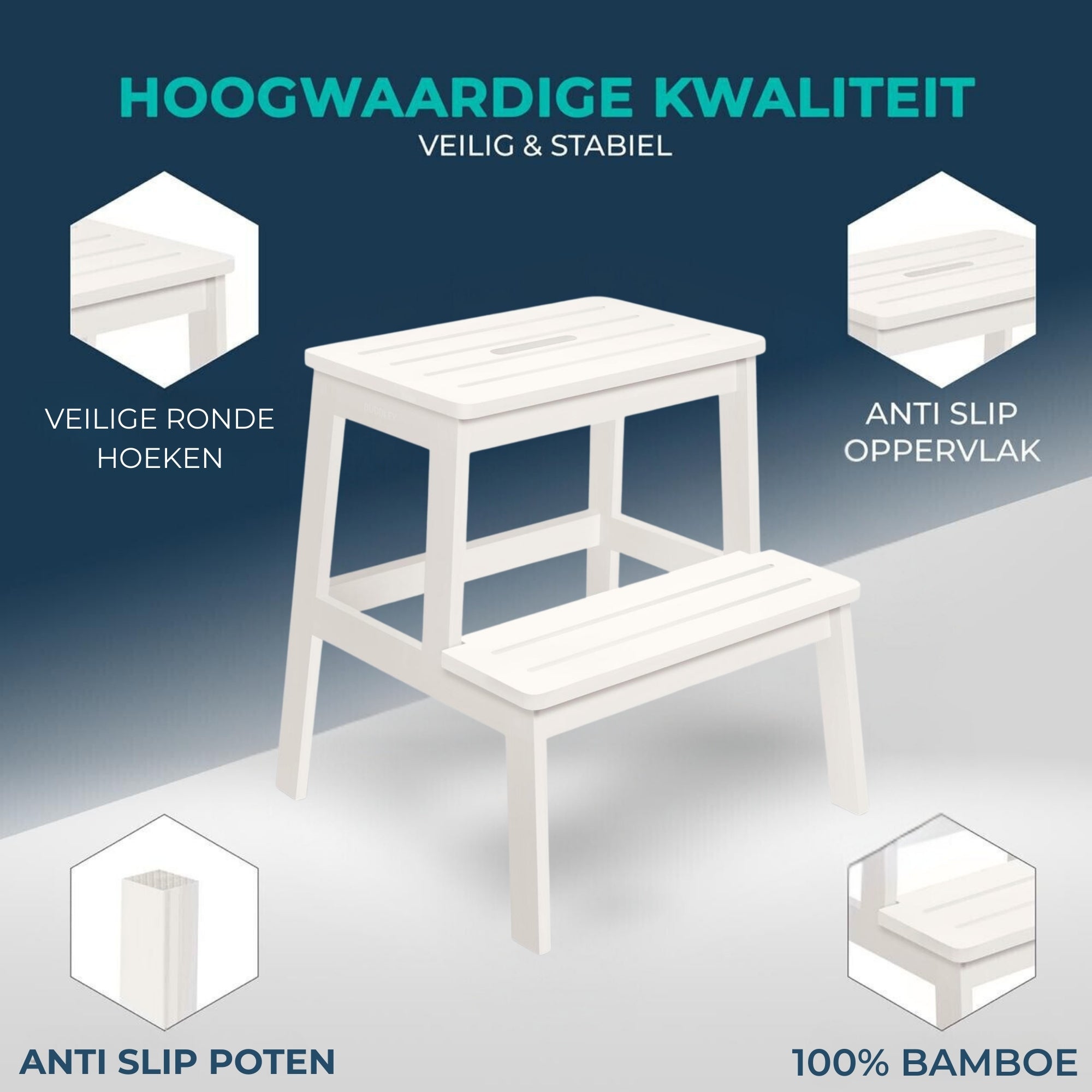 Opstapje Bamboe Wit- Keukentrapje 2 treden - Opstapkrukje Hout