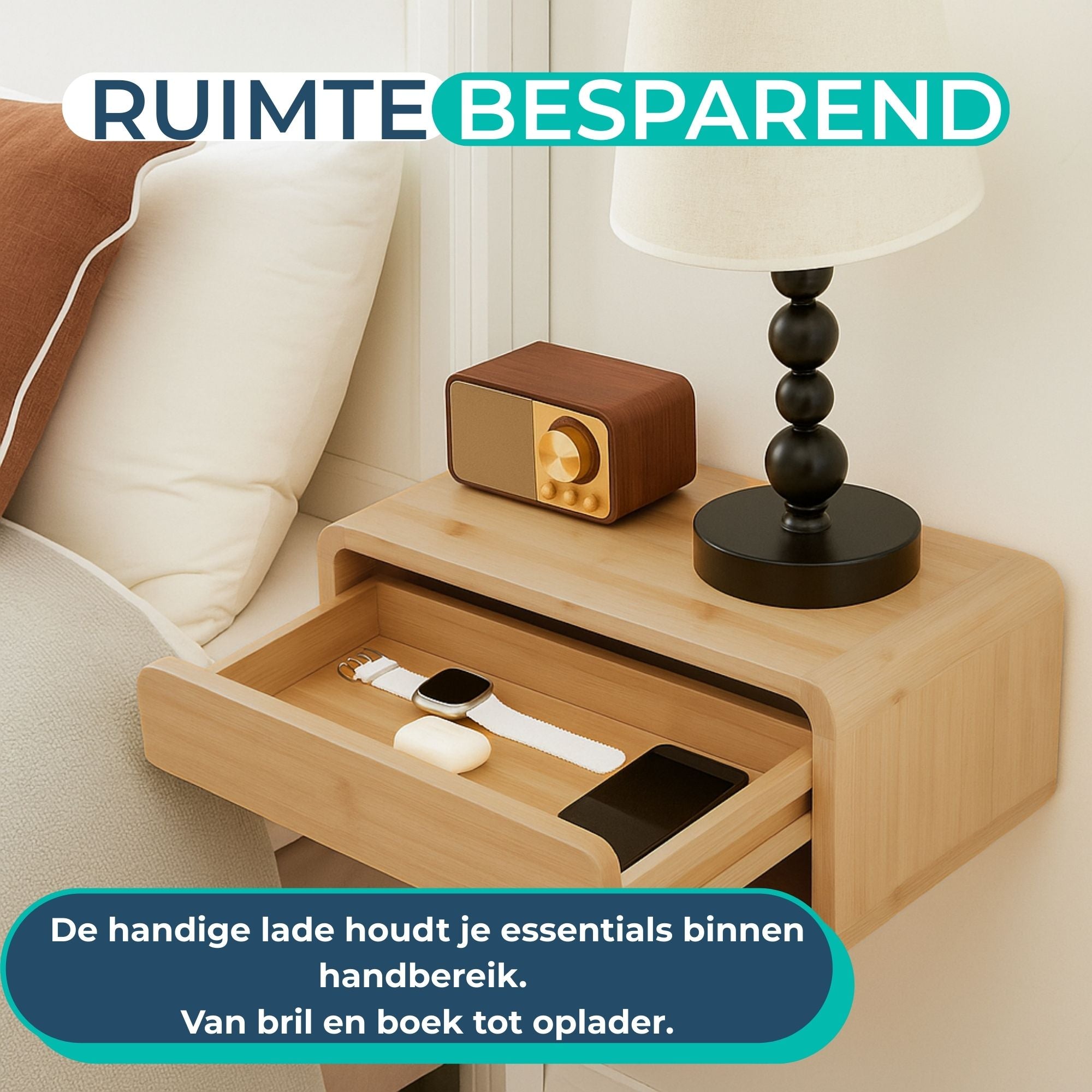 Nachtkastje bamboe - Zwevend - Wand Nachtkastje met Lade