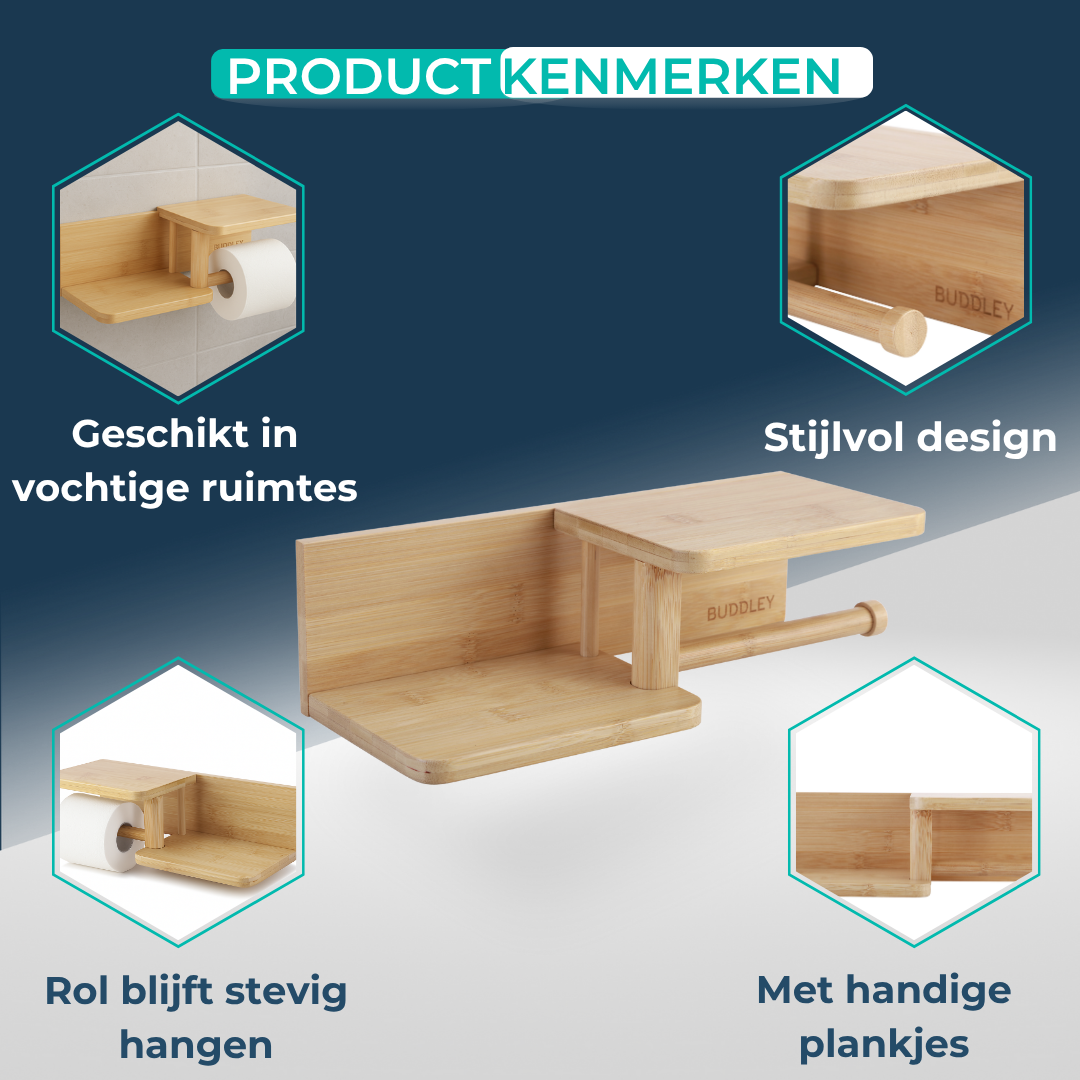 Toiletrolhouder Bamboe - Zonder boren - Zelfklevend - Met plankje