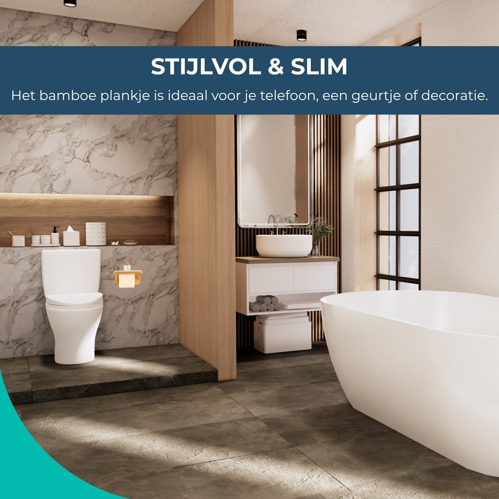 Toiletrolhouder Bamboe - Zonder boren - Met plankje - WC rolhouder