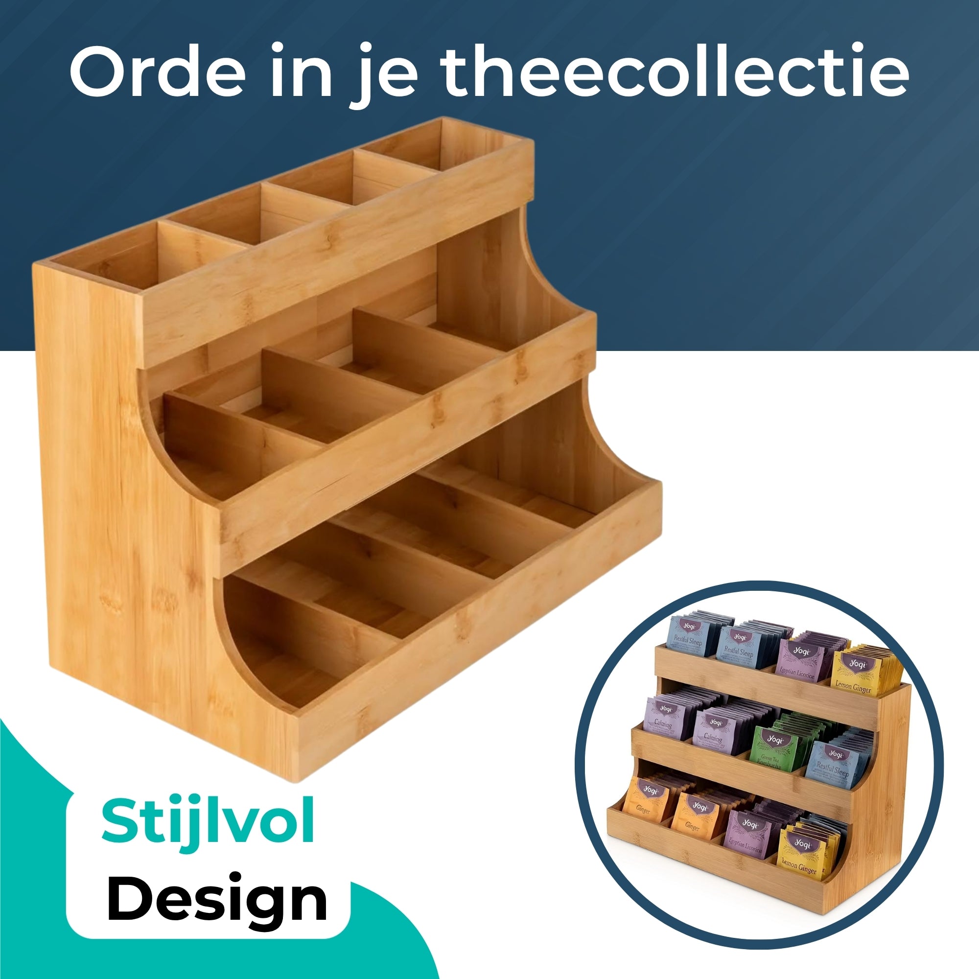 Theedoos 12 vaks - Thee Organizer - Bamboe - Theehouder