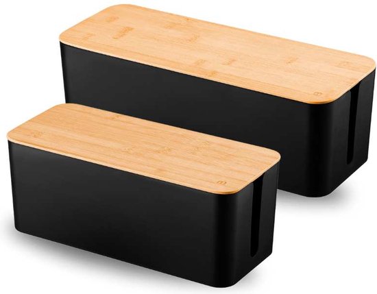 Kabelbox Zwart met Bamboe cover | SET twee stuks | M en L