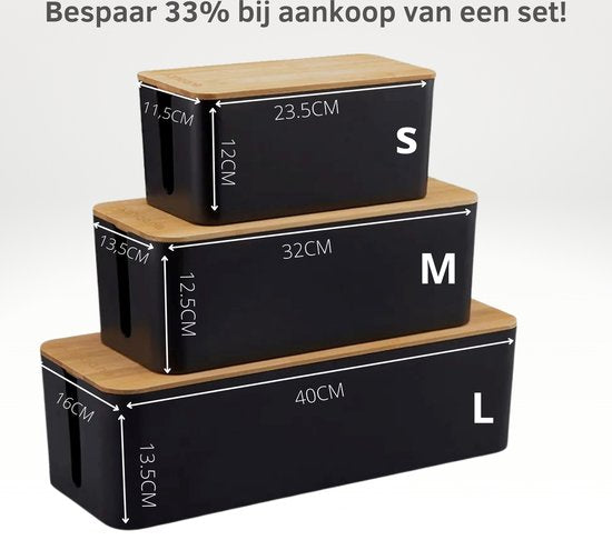 Kabelbox Zwart met Bamboe cover | (SET)Twee stuks
