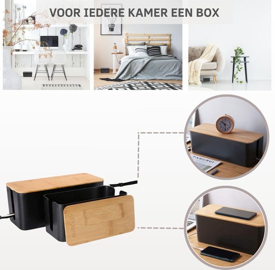 Kabelbox Zwart met Bamboe cover | XL