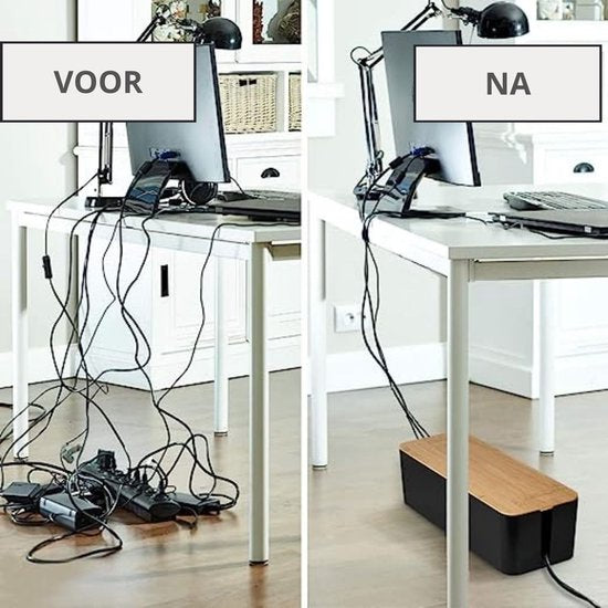 Kabelbox Zwart met Bamboe cover | SET twee stuks | M en L