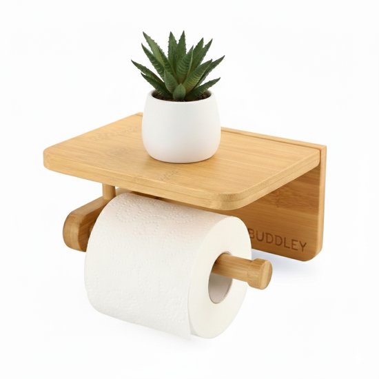Toiletrolhouder Bamboe - Zonder boren - Met plankje - WC rolhouder