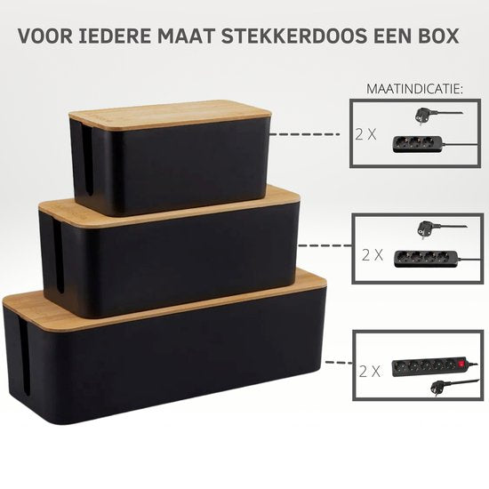 Kabelbox Zwart met Bamboe cover | (SET)Twee stuks