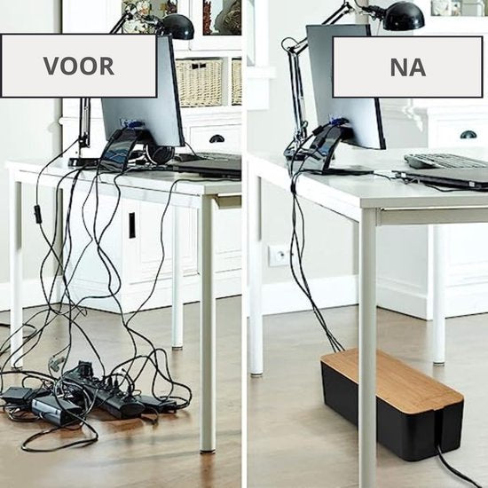 Kabelbox Zwart met Bamboe cover | (SET)Twee stuks