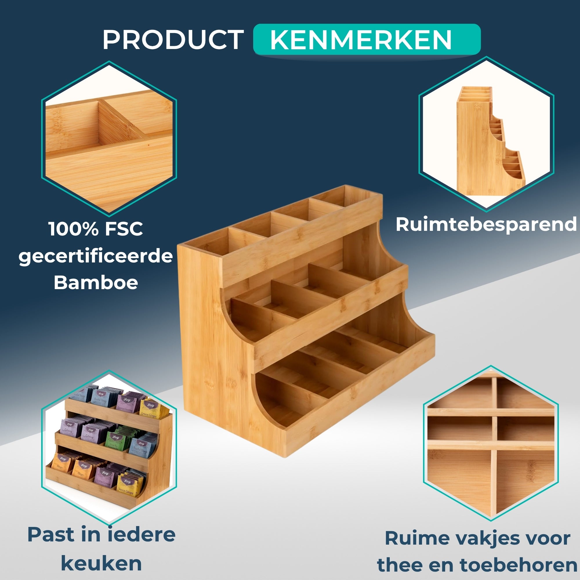 Theedoos 12 vaks - Thee Organizer - Bamboe - Theehouder