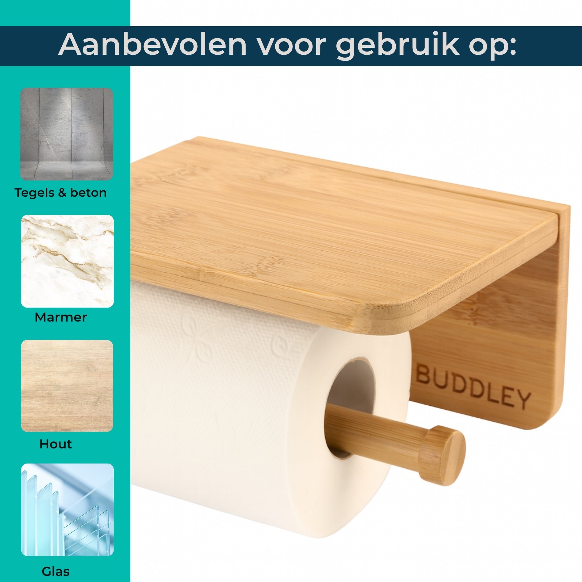 Toiletrolhouder Bamboe - Zonder boren - Met plankje - WC rolhouder