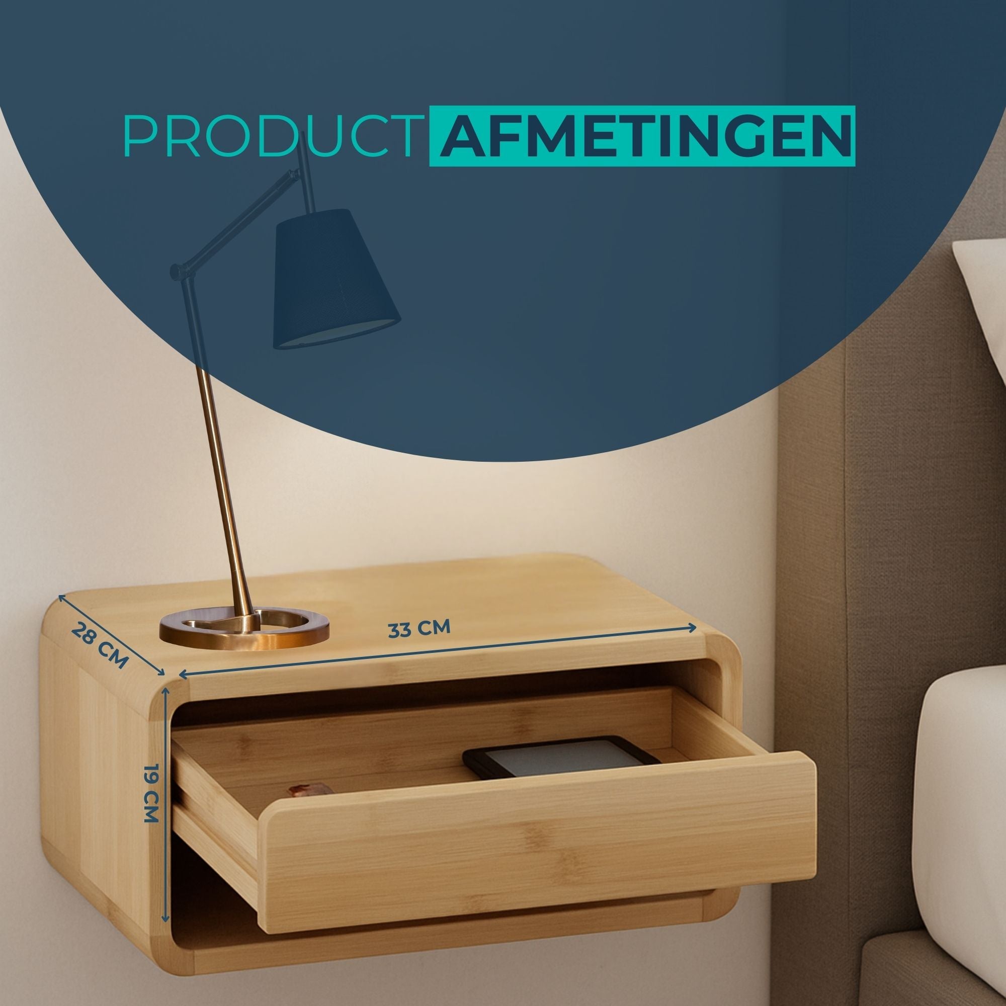 Nachtkastje bamboe - Zwevend - Wand Nachtkastje met Lade