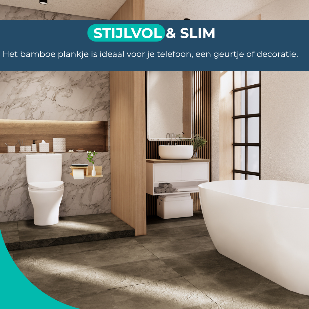 Toiletrolhouder Bamboe - Zonder boren - Zelfklevend - Met plankje