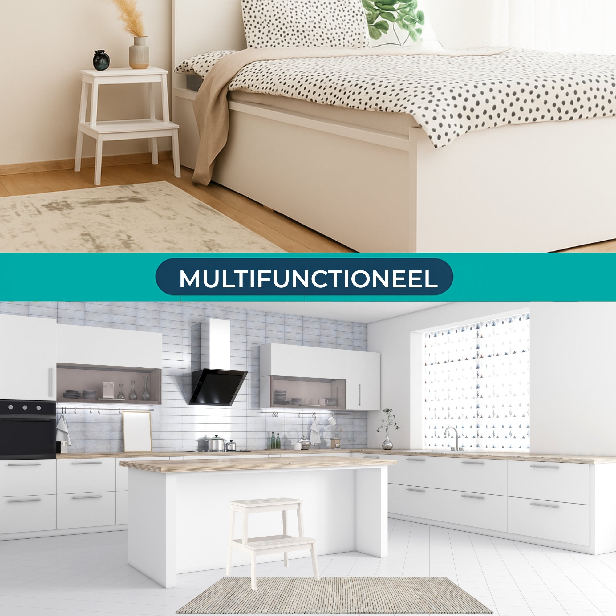 Opstapje Bamboe Wit- Keukentrapje 2 treden - Opstapkrukje Hout